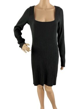 Vince Long Sleeve Square Neck Mini Dress Black Ribbed Size M